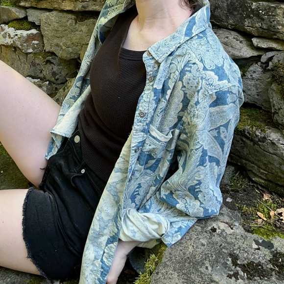 Antropologie Corduroy Paisely Blue and White Pattern Button Down Chore Shirt - Picture 6 of 9